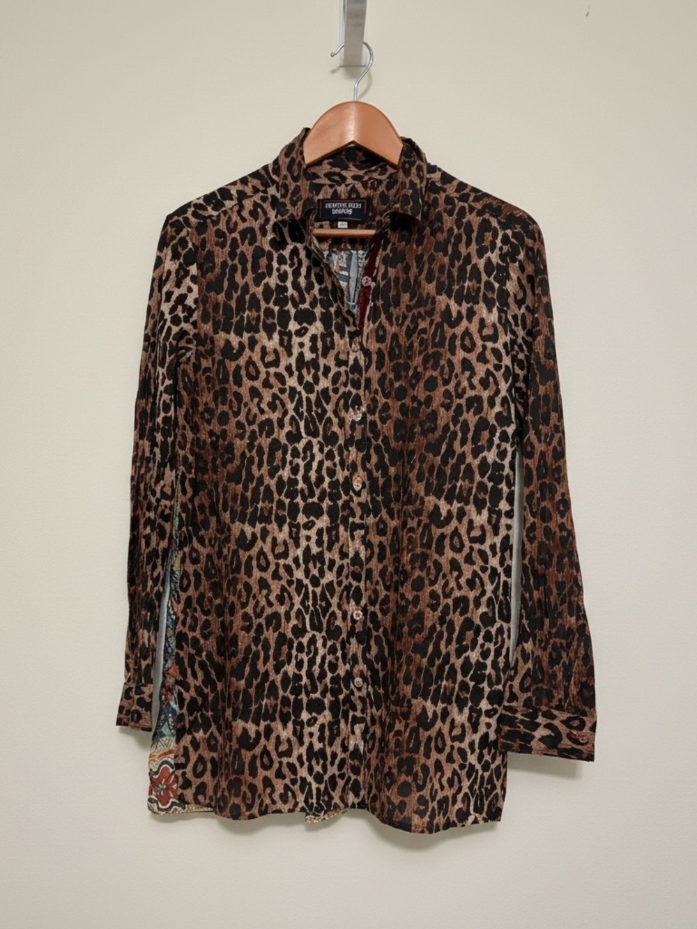 ⁠Johnny Was Workshop Leopard Silk Back Button Down Blouse Shirt Animal Boho S⁠